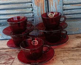 Vintage Royal Ruby Cups and Saucers Anchor Glass