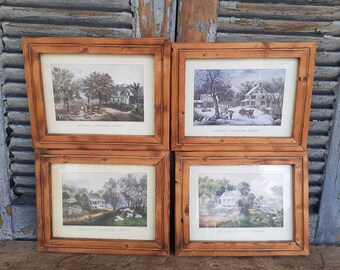 Vintage Currier and Ives American Homestead Four Seasons Prints Pine Frames