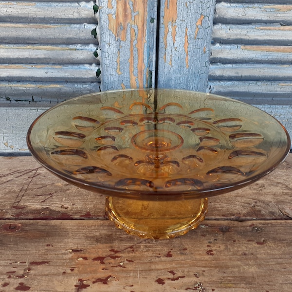 Vintage Amber Glass Cake Stand Hazel Atlas Reflection Pattern Mid Century Fall Table