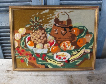 vintage needlepoint still life fruit old world french country kitchen dining wall decor