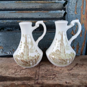 Meakin Romantic England Ironstone Salt and Pepper Green Transferware