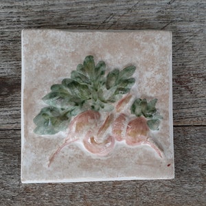 Vintage Spanish Tile: Handmade High Relief Radish, French Country Decor (4 inch)