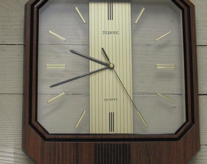 Lucite Wall Clock Telesonic Brand Faux Walnut Battery Operated Etsy
