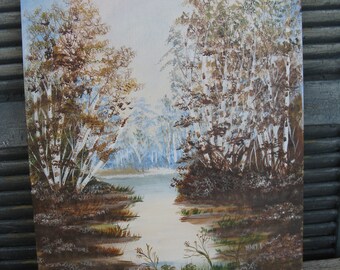 hand painted landscape oil on board 16 by 20 original artwork cabin deco signed