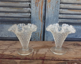 vintage Fenton moonstone bud vases set of two hobnail bud vases marked Fenton