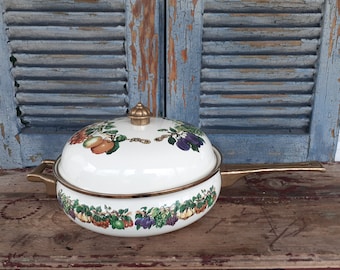 Vintage Tabletops Unlimited Enamel Skillet with Lid Floral Motif French Country Old World