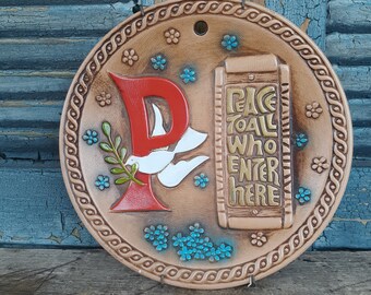 vintage peace to all who enter here plaque 1960s wall decor house warming gift japan