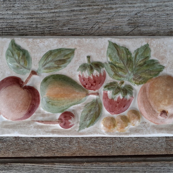 vintage Spanish ceramic tile fruit high relief 8 by 4 inches hand made in Spain
