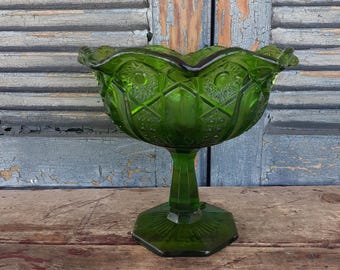 Vintage Fostoria Green Glass Compote: American Pressed Glass Candy Dish