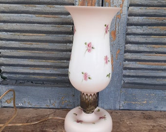 Vintage Hurricane Table Lamp with Hand Painted Roses Cottagecore English Cottage