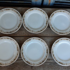May include: Six white ceramic plates with gold trim and a floral design. The plates are arranged in two rows of three on a wooden surface.