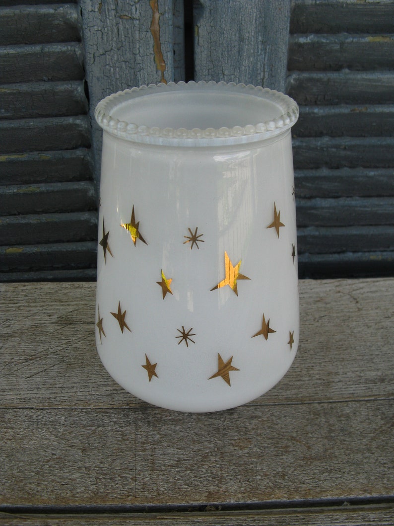 Vintage White Glass Light Shade Ceiling Fan Shade Chandelier Shade Wall Sounce Shade Cased Glass Gold Leaf Stars