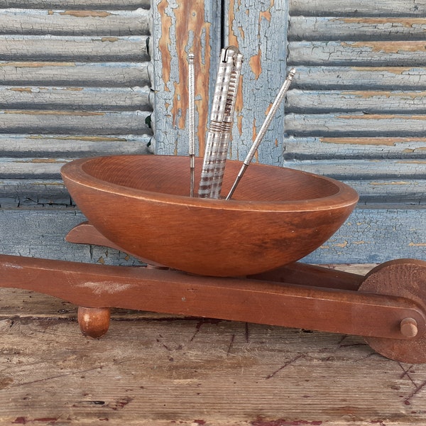 vintage wooden wheel barrow nut bowl rustic decor cabin decor