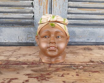 antique bisque tobacco jar young man in headwrap Americana Tobacciana