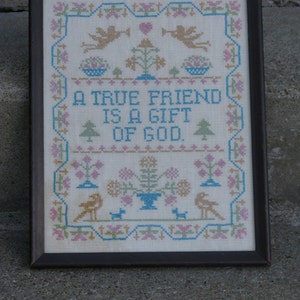 Vintage Cross Stitch Sampler: &quot;A True Friend,&quot; 1980, Rustic Wood Frame