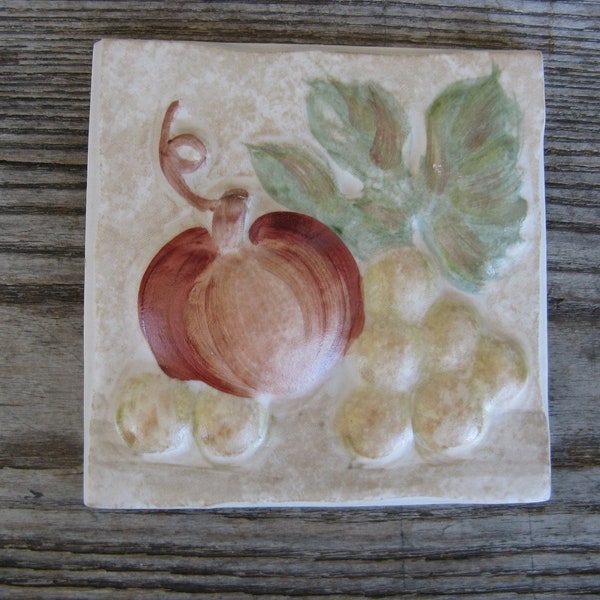 vintage hand made Spanish tile apple and grapes 4 inch square french country old world look