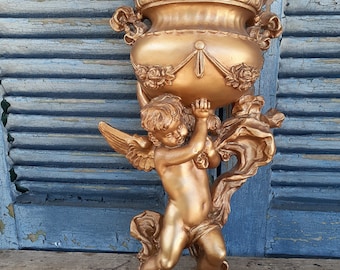 vintage gold cherub angel wall pocket shabby romantic old world look garden decor boudior