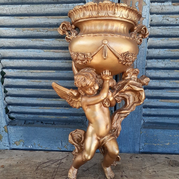 vintage gold cherub angel wall pocket shabby romantic old world look garden decor boudior