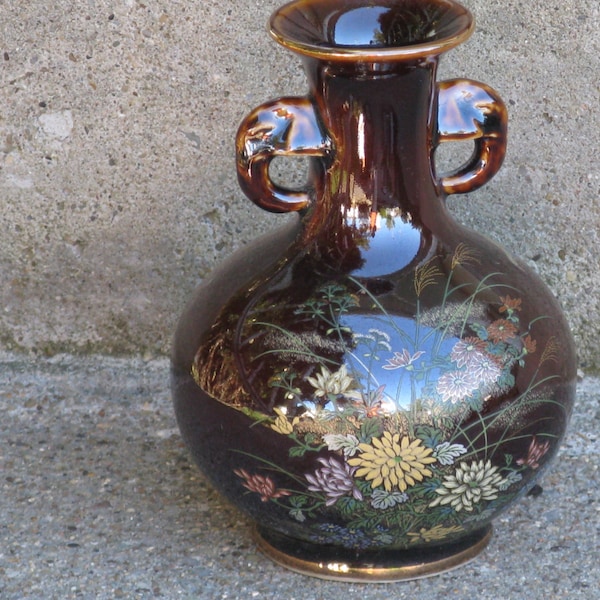 vintage floral bud vase brown japanese lustreware ceramic  chinoiserie gift idea