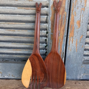 Vintage African Carved Wooden Fork and Spoon Smaller Size Carved Details Tiki Bar