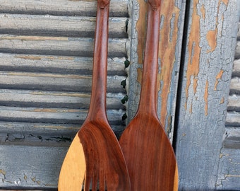 Vintage African Carved Wooden Fork and Spoon Smaller Size Carved Details Tiki Bar