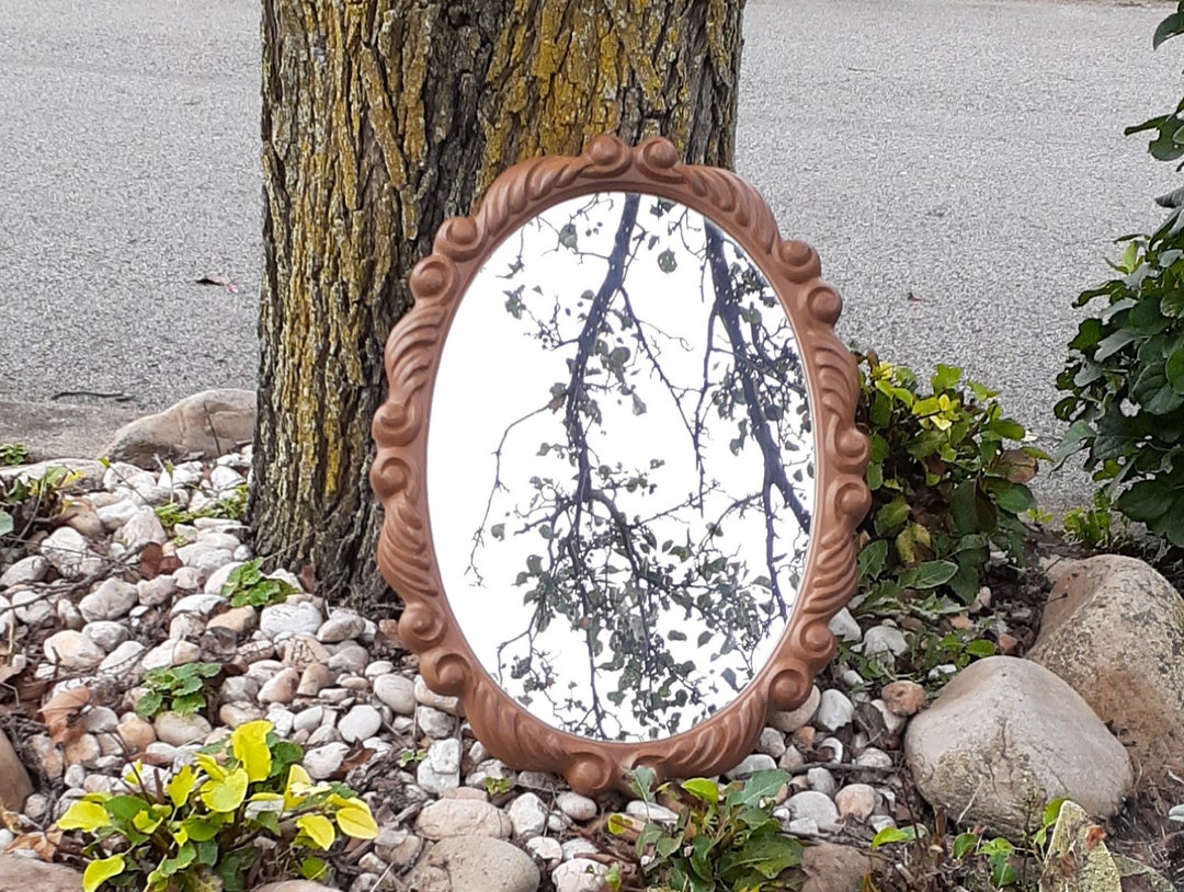 Vintage Hard Plastic Oval Mirror Carved Wood Look Old World French