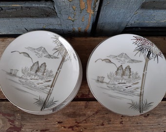 Antique Mei Yo Japanese China Bread Plates Set of Eight Mt Fuji Bamboo