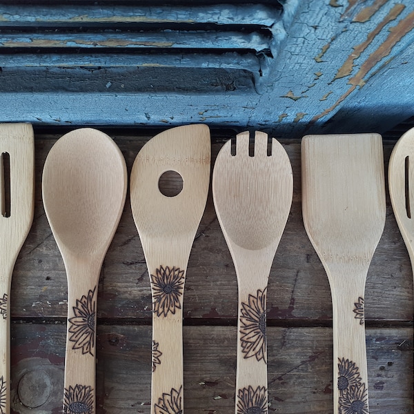 Wooden Cooking Utensil Set With Sunflowers Set of 6 Gift Idea