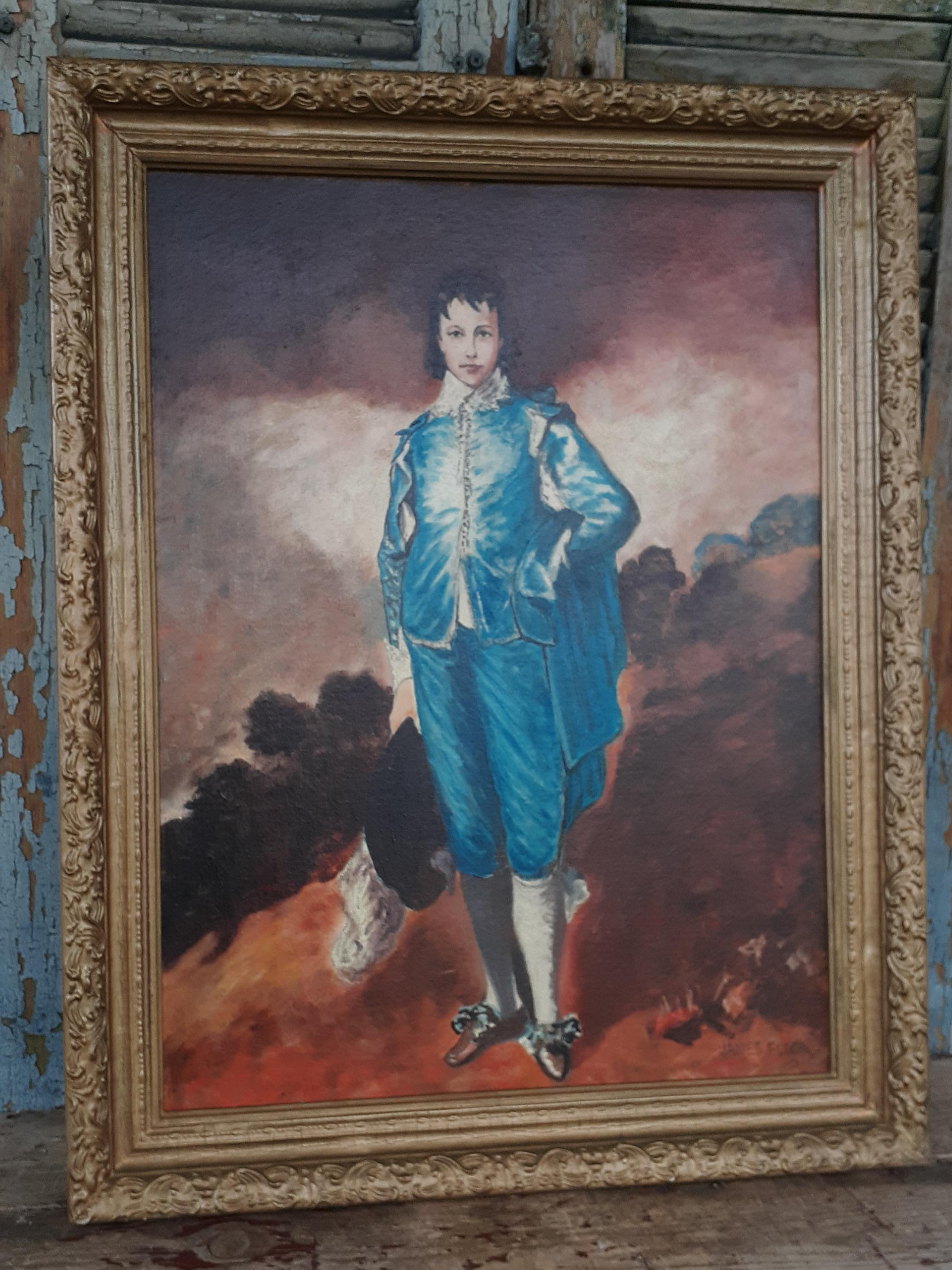 Antique Blue Boy Reproduction Painting by James Flick Gold Gesso