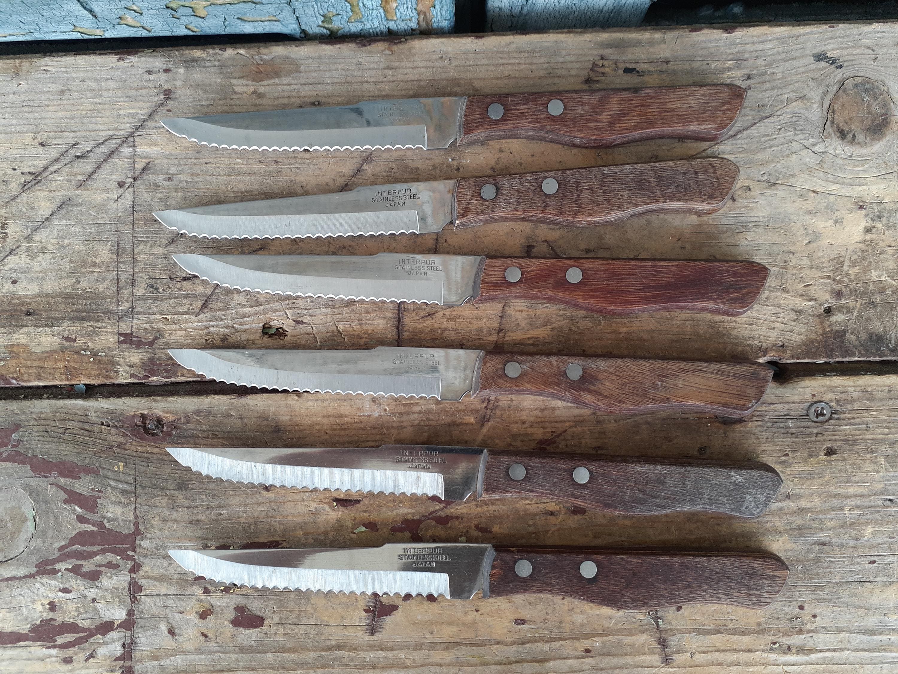 Vintage Interpur Wooden Handled Steak Knives Stainless Steel Mid