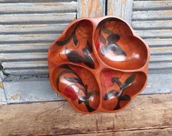 Vintage Wooden Monkeypod Bowl with Carved Details Mid Century