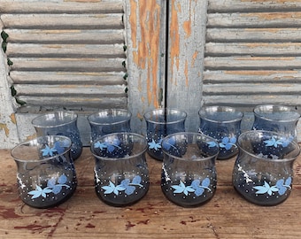 Vintage Blue Floral Rocks Glasses Set of 9 Mid Century Barware Low Ball Glasses