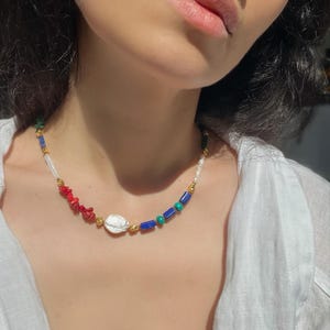 Umay necklace - Lapis Lazuli, Jade, Coral, Pearl, Apatite, Hematite Necklace – Handmade Spiritual Jewelry – Statement Piece by Atelier Umai
