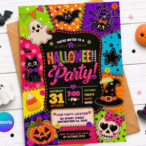 May include: A rectangular Halloween party invitation card featuring a black center with the text "YOU'RE INVITED TO A HALLOWEEN PARTY!" surrounded by colorful patches of ghosts, bats, spiders, pumpkins, skulls, and witch hats on a bright background.