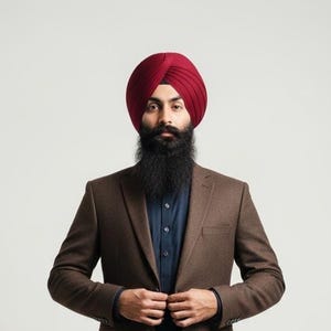 Peut inclure: Un homme portant un turban bordeaux, une chemise bleu foncé et un blazer marron. Le blazer est boutonné et l'homme a une longue barbe noire. Le fond est blanc uni.