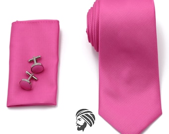 Conjunto de corbata de seda jacquard rosa (corbata, gemelos, pasador de corbata y pañuelo de bolsillo) – Meri Dastar