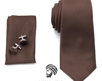 Dark Brown Jacquard Silk Neck Tie Set (Tie, Cufflinks, Tie Clip & Pocket Square) – Meri Dastar