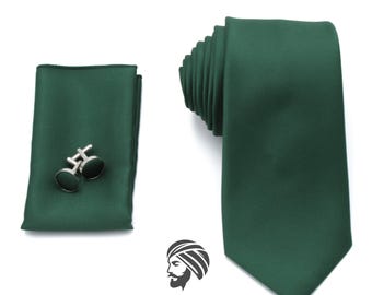 Conjunto de corbata de seda jacquard verde oscuro (corbata, gemelos, pasador de corbata y pañuelo de bolsillo) – Meri Dastar