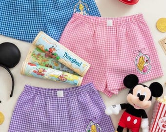 Princess Gingham Shorts, Embroidered Theme Park Outfit, Cute Princess Inspired Shorts, Magic Kingdom Outfit, Checkered Summer Shorts