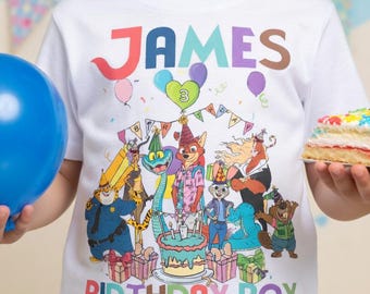 Camiseta de cumpleaños personalizada de Zootopia con nombre y edad personalizados, camiseta de viaje familiar de Judy Hopps y Nick Wilde en Zootopia 2, regalo de camiseta para vacaciones
