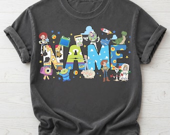 Camiseta de cumpleaños de Toy Story con nombre personalizado, camiseta personalizada de Buzz, Woody y Jessie, conjunto de cumpleaños para niño o niña, camiseta a juego para vacaciones familiares.