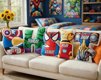 Custom Superhero Name Letter Pillow, Personalized Comic Character Cushion, Initial Pillow Baby Shower Nursery Decor Super Hero Gift