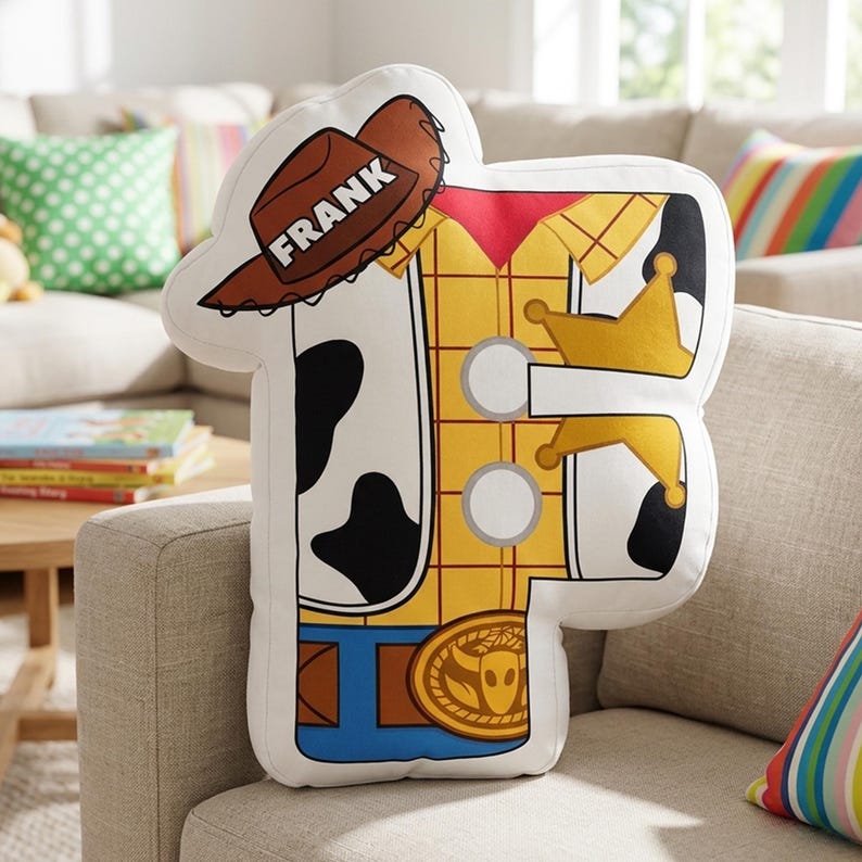 Puede incluir: Un coj&iacute;n decorativo con forma de la letra "F" con un dise&ntilde;o de vaquero de dibujos animados. El coj&iacute;n presenta un sombrero de vaquero marr&oacute;n con el nombre "FRANK", una camisa amarilla y una hebilla de cintur&oacute;n. El coj&iacute;n est&aacute; sobre un sof&aacute; beige.