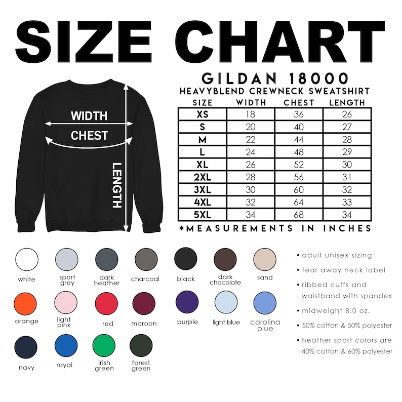 Pode incluir: Camisola preta com tabela de tamanhos e op&ccedil;&otilde;es de cores. A tabela lista os tamanhos XS a 5XL, com medidas em polegadas para largura, peito e comprimento. As op&ccedil;&otilde;es de cores incluem branco, cinza desportivo e azul marinho.