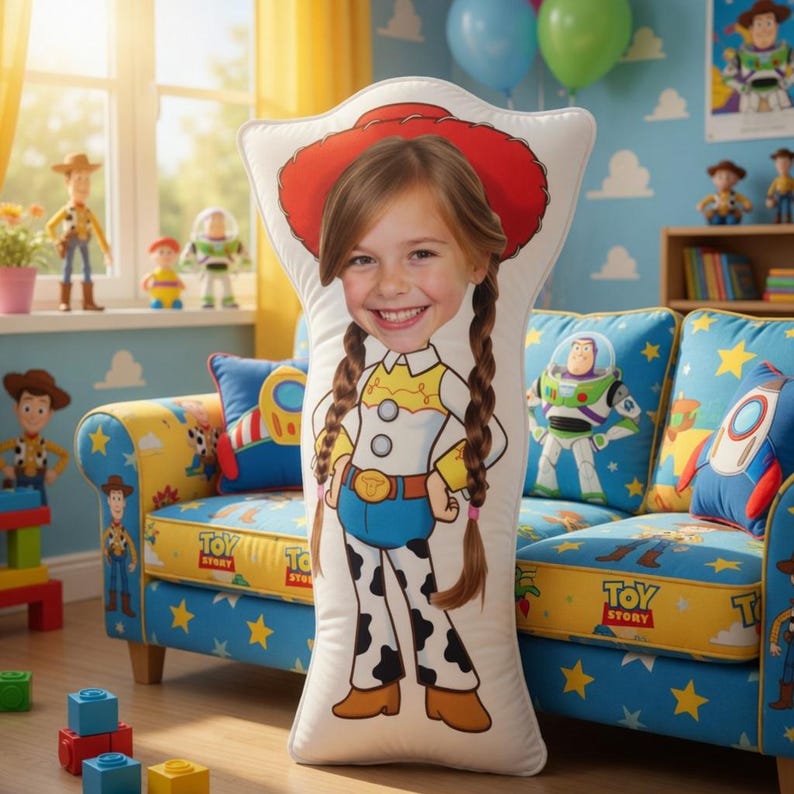 May include: A decorative pillow featuring a child's face superimposed on a cartoon character, Jessie from Toy Story. The pillow is white with a red hat, yellow shirt, blue jeans, and cow-print pants. The background includes a Toy Story-themed couch and toys.