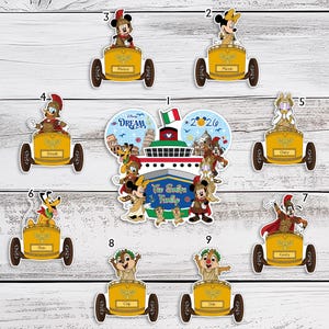 May include: A collection of Disney-themed stickers featuring Mickey, Minnie, Donald, Daisy, Pluto, Goofy, Chip, and Dale in Roman-style chariots, plus a central cruise ship sticker with the text Disney Dream, 2026, and The Smith Family.