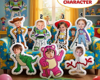 Personalized Photo Pillow Toy Story Theme, Custom Face Character Plush, Woody Buzz Jessie Outfit Pillow, Fun Photo Decor, Gift Idea Decor