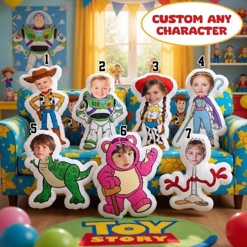 May include: A collection of custom character pillows featuring children's faces, including Woody, Buzz Lightyear, and other Toy Story characters. The pillows are arranged on a patterned sofa, with a Toy Story rug in the foreground. The text "CUSTOM ANY CHARACTER" is visible.