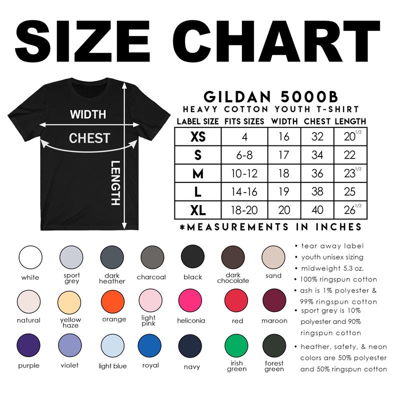 Pode incluir: Uma camiseta preta com uma tabela de tamanhos e op&ccedil;&otilde;es de cores. A tabela detalha as medidas em polegadas para tamanhos juvenis XS a XL. As op&ccedil;&otilde;es de cores incluem branco, cinza, preto e v&aacute;rias outras cores.