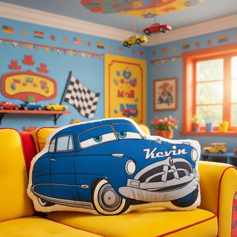 May include: A blue car-shaped throw pillow featuring a cartoon-style face with blue eyes on the windshield and the name Kevin printed in white script on the hood. The pillow has white-walled tires and a silver-colored front bumper design.
